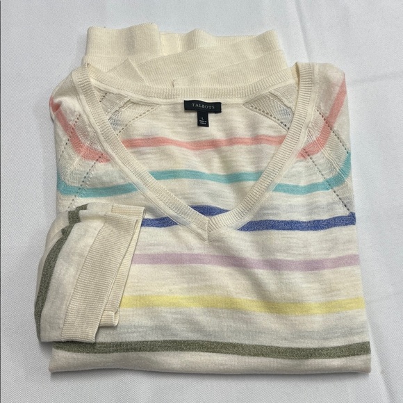 Talbots RAGLAN V-NECK HIGH-LOW SWEATER - FADED STRIPE COTTON WOMEN L - Picture 9 of 9